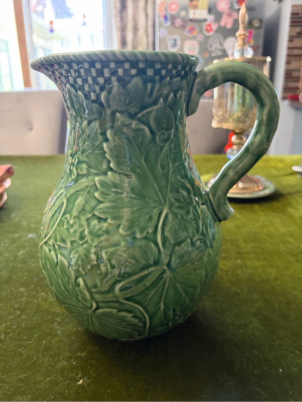 Bordallo Pinheiro Green Embossed Leaf Ceramic Pitcher - Decorative Table Accent